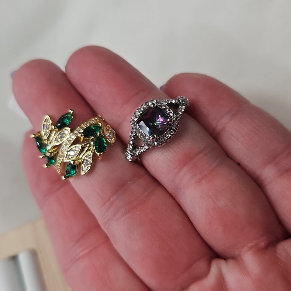 Lot of 2 Fashion Rhinestone Crystal Cocktail Rings Silver Plated Elegant Silver
